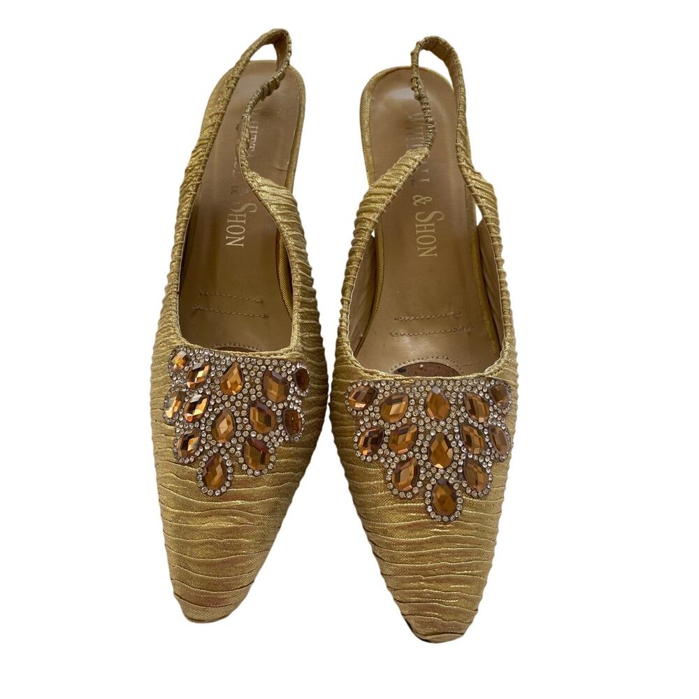 Whittall & Shon Gold Rhinestone Embellished Sling Back Elegant Size 9 Heels